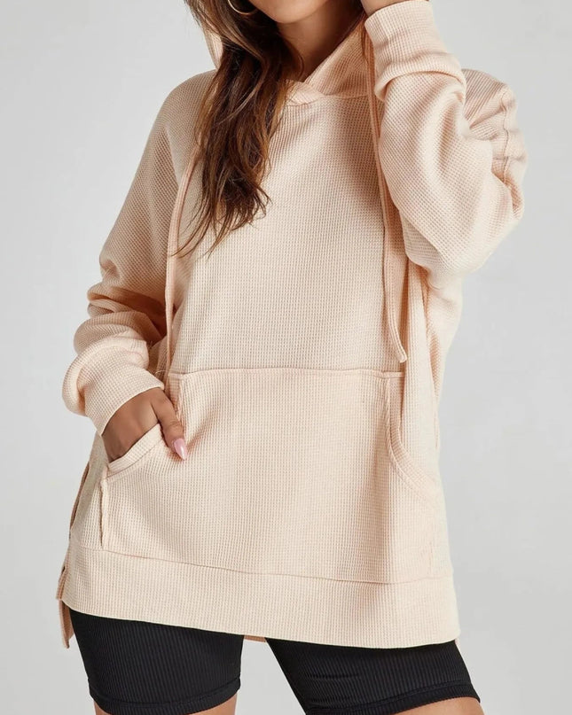 Slit Drawstring Waffle Knit Hoodie - Trendsi
