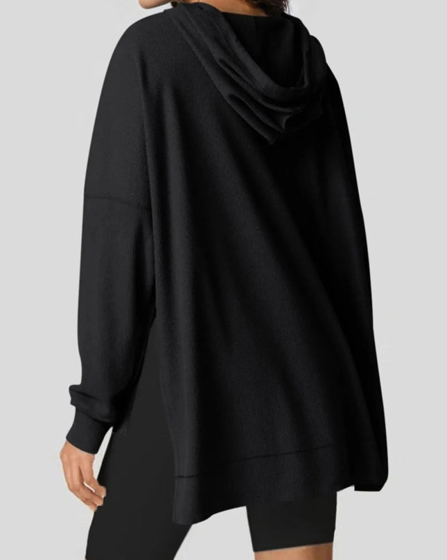 Slit Drawstring Waffle Knit Hoodie - Trendsi