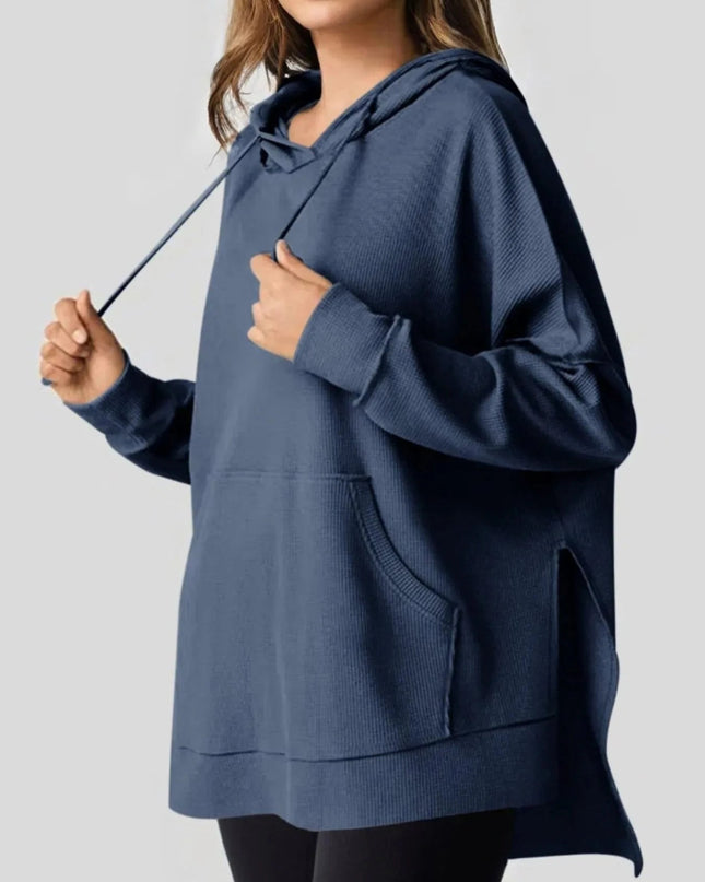 Slit Drawstring Waffle Knit Hoodie - Trendsi