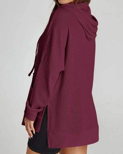 Slit Drawstring Waffle Knit Hoodie - Trendsi