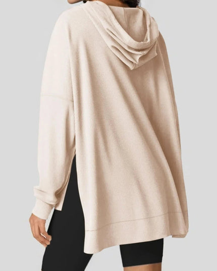 Slit Drawstring Waffle Knit Hoodie - Trendsi