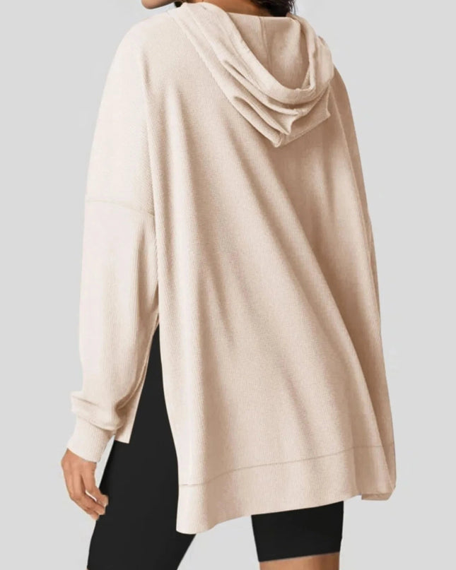 Slit Drawstring Waffle Knit Hoodie - Trendsi