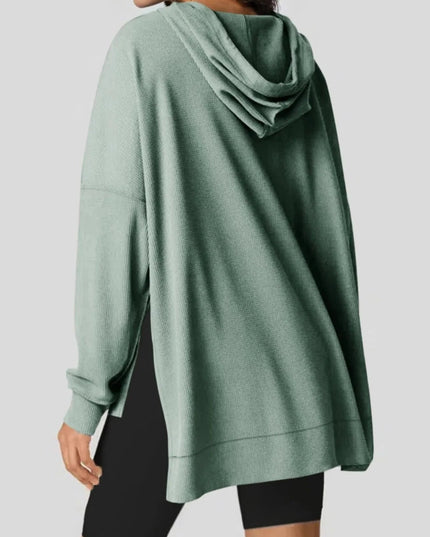 Slit Drawstring Waffle Knit Hoodie - Trendsi