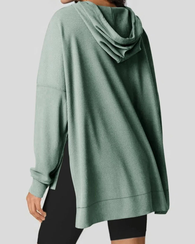 Slit Drawstring Waffle Knit Hoodie - Trendsi