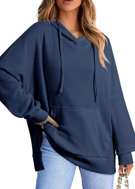 Slit Drawstring Waffle Knit Hoodie - Trendsi