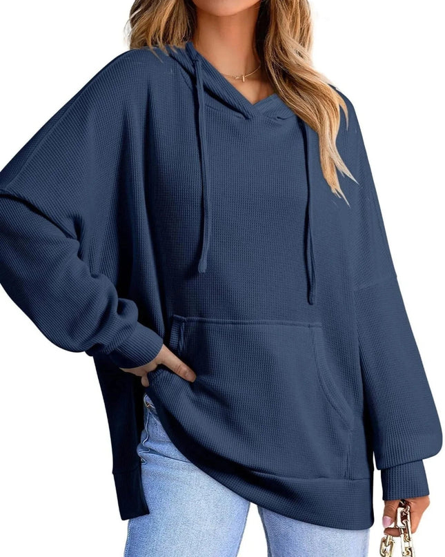 Slit Drawstring Waffle Knit Hoodie - Trendsi
