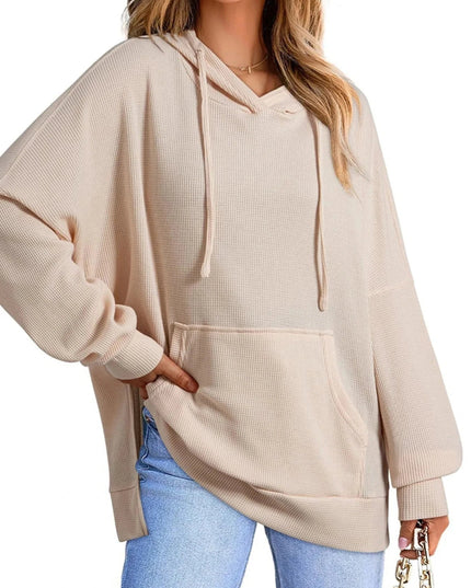 Slit Drawstring Waffle Knit Hoodie - Trendsi