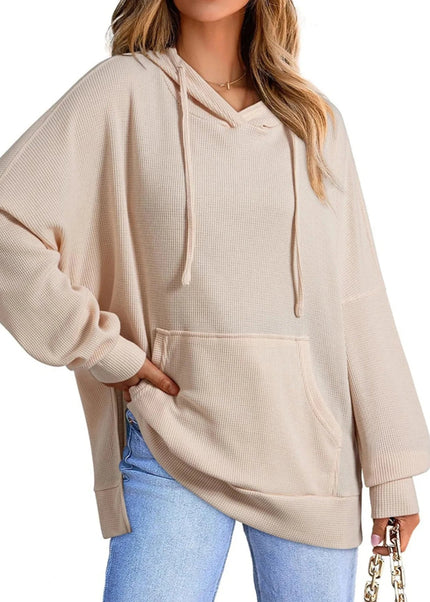 Slit Drawstring Waffle Knit Hoodie - Trendsi