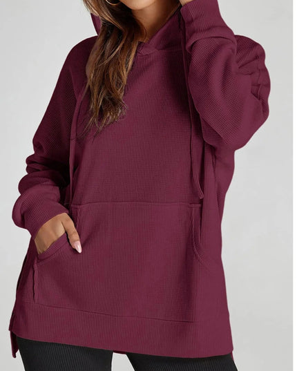 Slit Drawstring Waffle Knit Hoodie - Trendsi