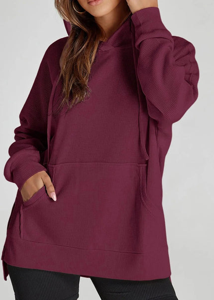 Slit Drawstring Waffle Knit Hoodie - Trendsi