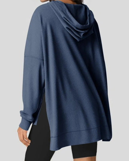 Slit Drawstring Waffle Knit Hoodie - Trendsi