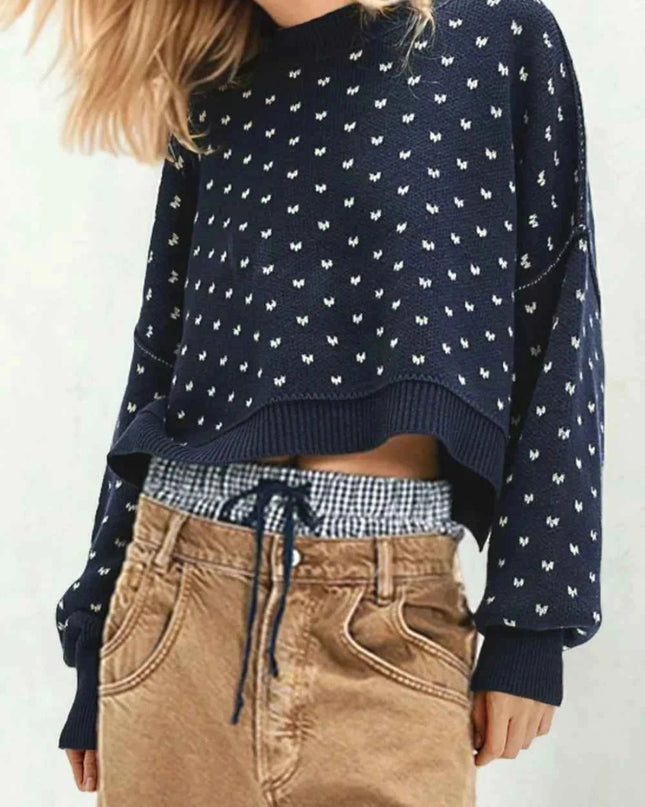 Slit Round Neck Long Sleeve Sweater - Trendsi