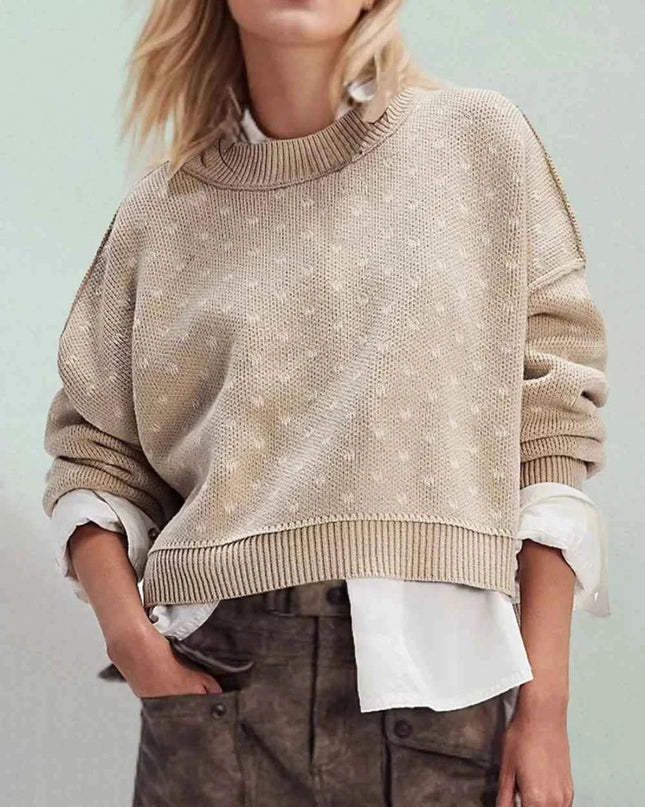 Slit Round Neck Long Sleeve Sweater - Trendsi