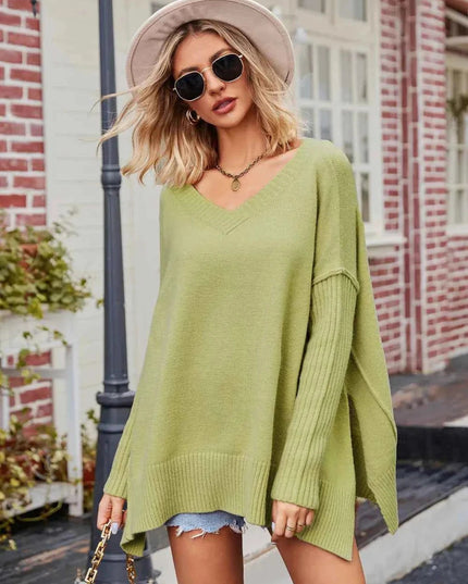 Slit V - Neck Dropped Shoulder Sweater - Trendsi