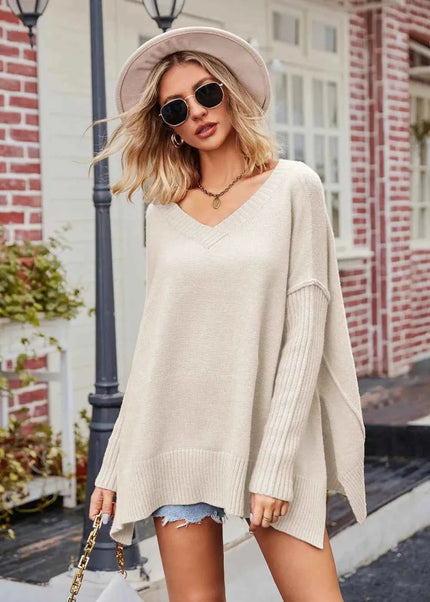 Slit V - Neck Dropped Shoulder Sweater - Trendsi