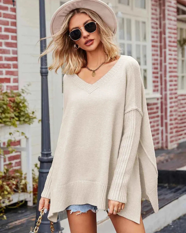 Slit V - Neck Dropped Shoulder Sweater - Trendsi