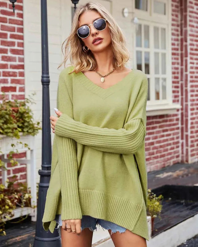 Slit V - Neck Dropped Shoulder Sweater - Trendsi