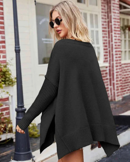 Slit V - Neck Dropped Shoulder Sweater - Trendsi