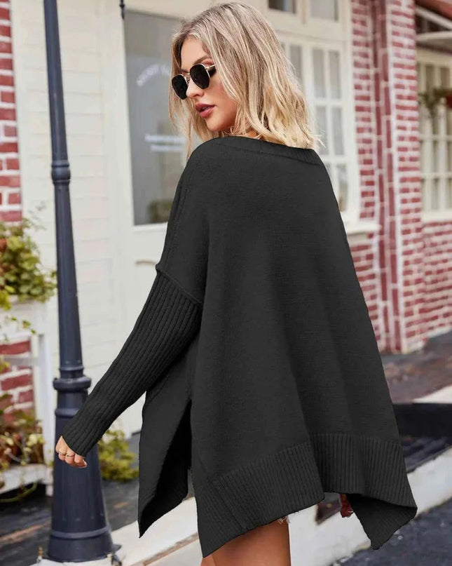Slit V - Neck Dropped Shoulder Sweater - Trendsi