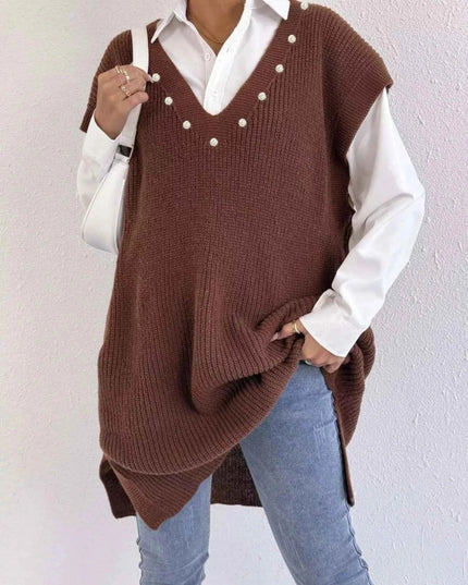 Slit V - Neck Sweater Dress - Trendsi