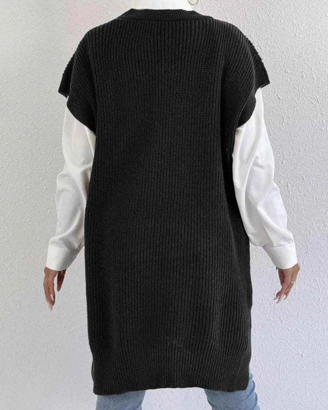 Slit V - Neck Sweater Dress - Trendsi