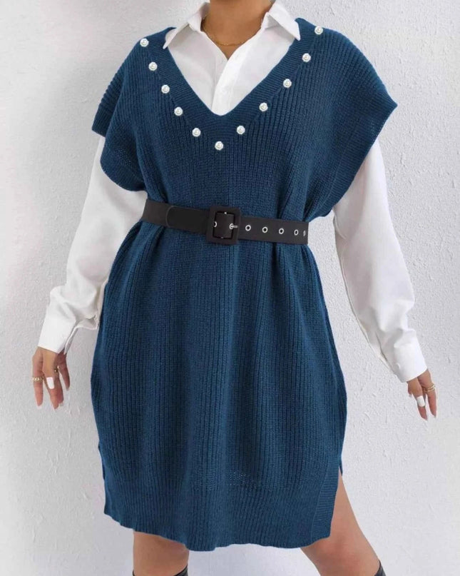 Slit V - Neck Sweater Dress - Trendsi