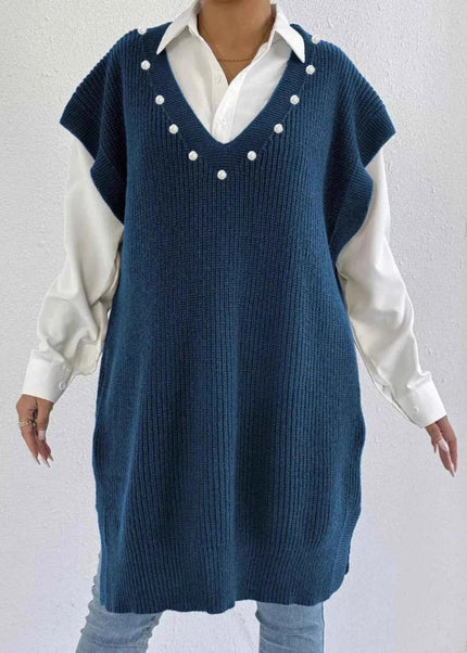 Slit V - Neck Sweater Dress - Trendsi