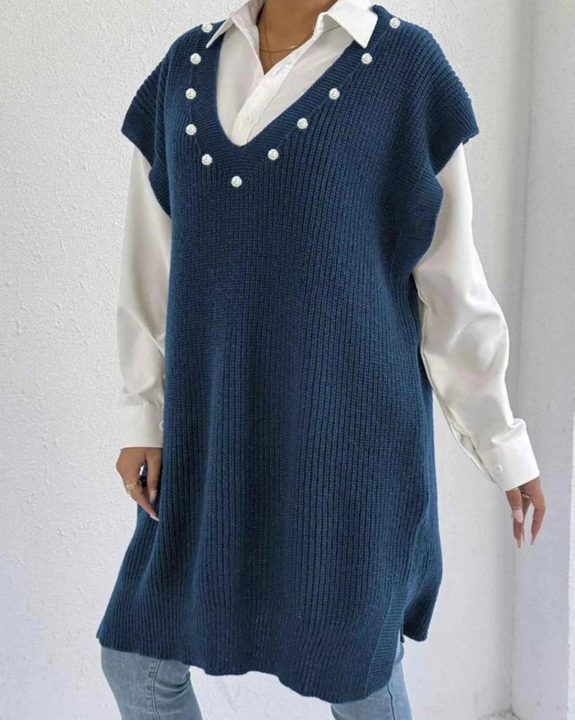 Slit V - Neck Sweater Dress - Trendsi