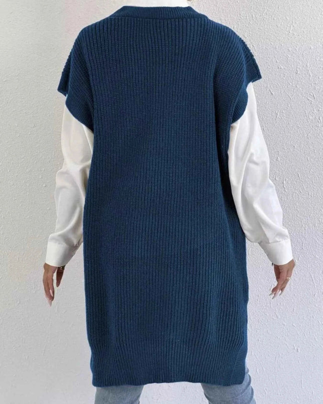 Slit V - Neck Sweater Dress - Trendsi