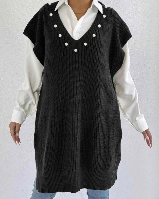 Slit V - Neck Sweater Dress - Trendsi