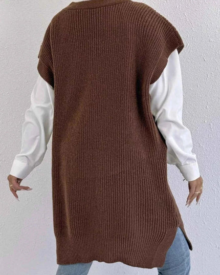 Slit V - Neck Sweater Dress - Trendsi