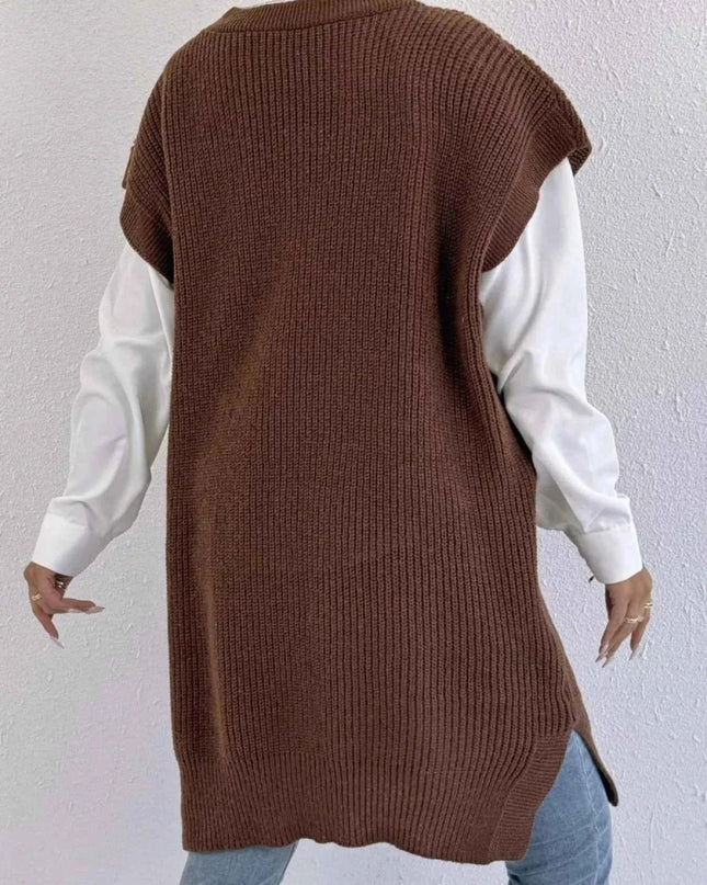 Slit V - Neck Sweater Dress - Trendsi