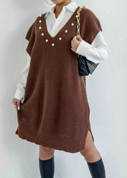 Slit V - Neck Sweater Dress - Trendsi