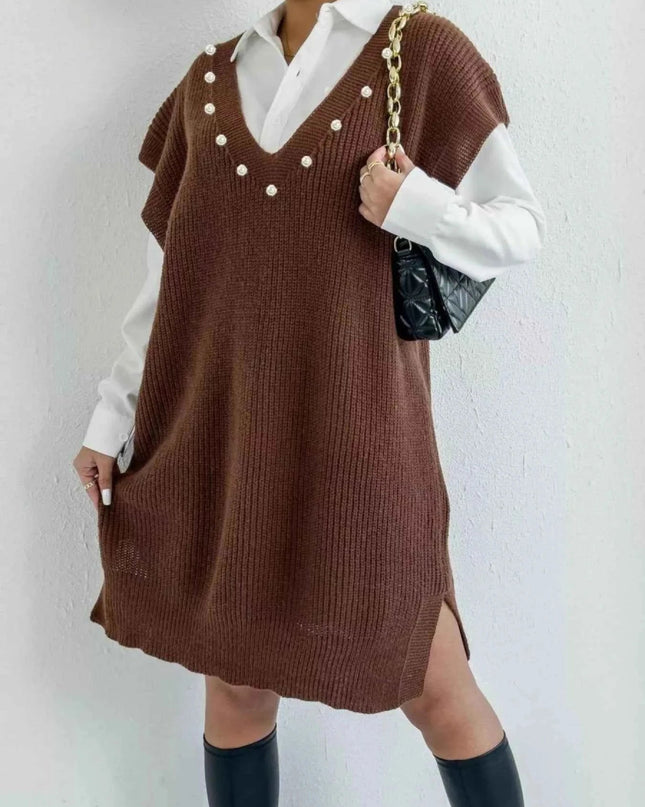 Slit V - Neck Sweater Dress - Trendsi
