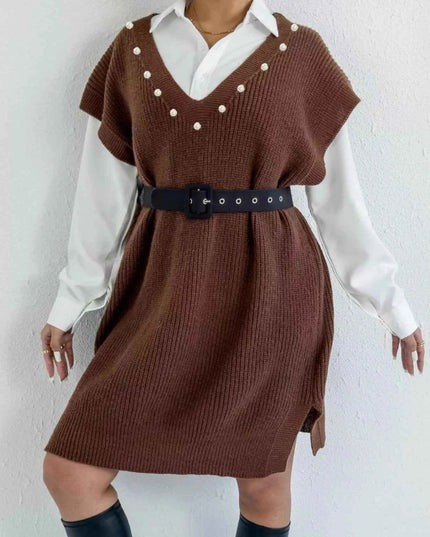 Slit V - Neck Sweater Dress - Trendsi