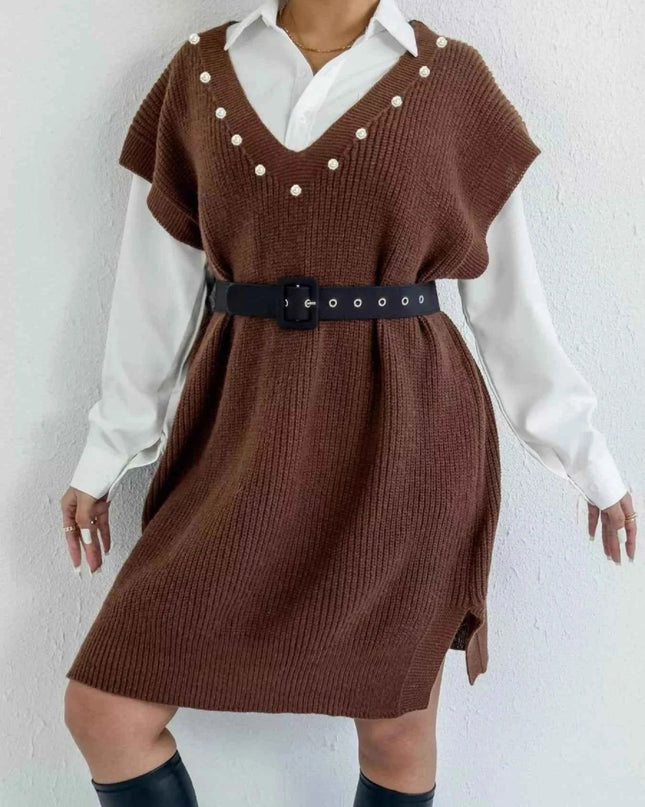 Slit V - Neck Sweater Dress - Trendsi