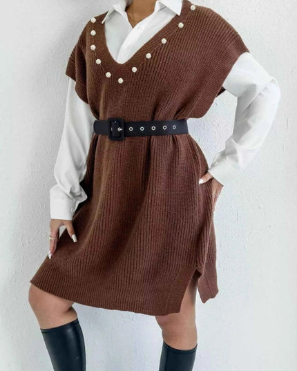 Slit V - Neck Sweater Dress - Trendsi