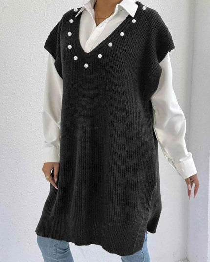 Slit V - Neck Sweater Dress - Trendsi