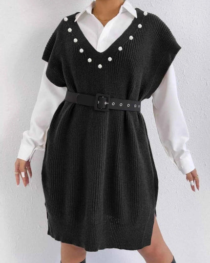 Slit V - Neck Sweater Dress - Trendsi