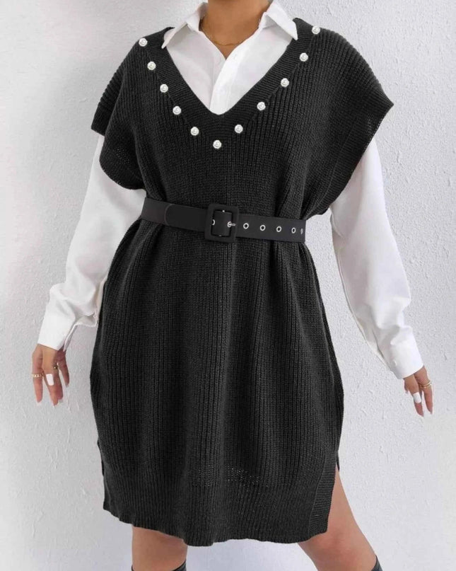 Slit V - Neck Sweater Dress - Trendsi