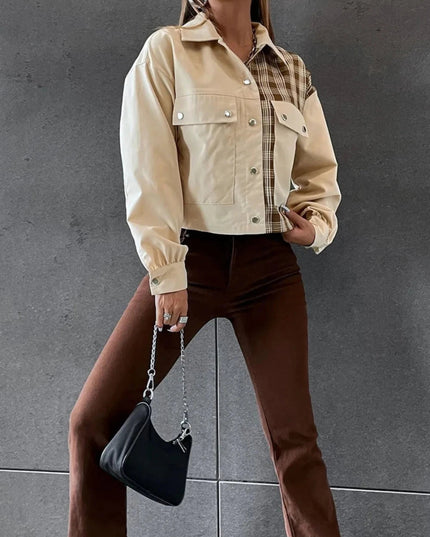 Snap Down Color Block Plaid Jacket - Trendsi