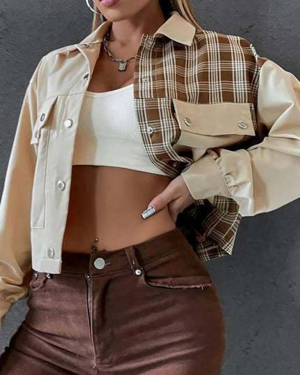 Snap Down Color Block Plaid Jacket - Trendsi