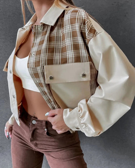 Snap Down Color Block Plaid Jacket - Trendsi