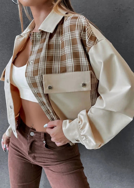 Snap Down Color Block Plaid Jacket - Trendsi