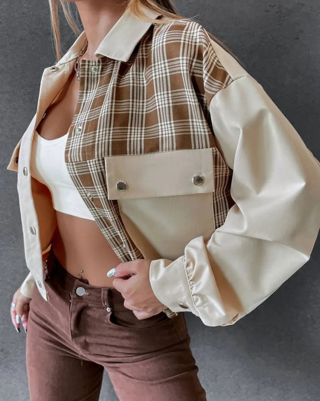 Snap Down Color Block Plaid Jacket - Trendsi