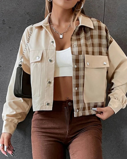 Snap Down Color Block Plaid Jacket - Trendsi