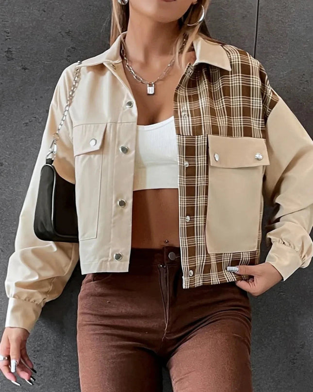 Snap Down Color Block Plaid Jacket - Trendsi