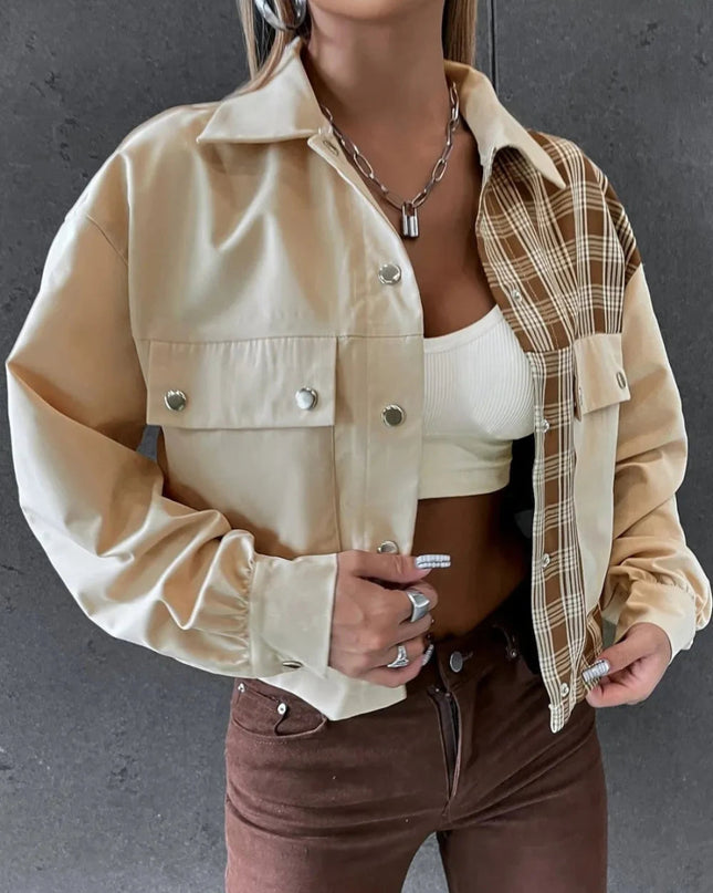 Snap Down Color Block Plaid Jacket - Trendsi