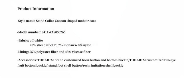 "Song of Snowland" Women’s Mohair Wool Stand Collar Coat – Autumn & Winter Loose Coat - Wool Coat - Firelady Fur