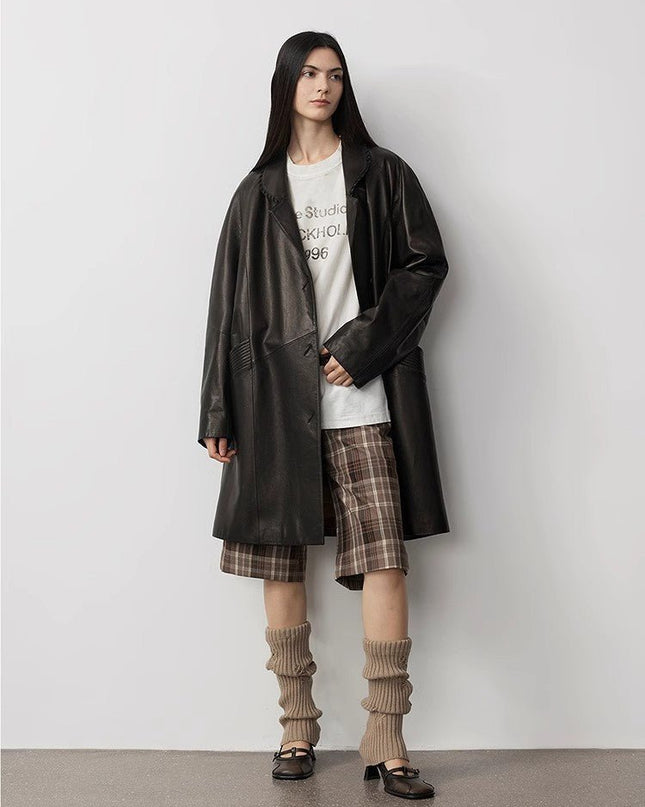 Sonorous Rose vintage imported oil waxed goatskin long trench coat - Leather - Firelady Sheepskin